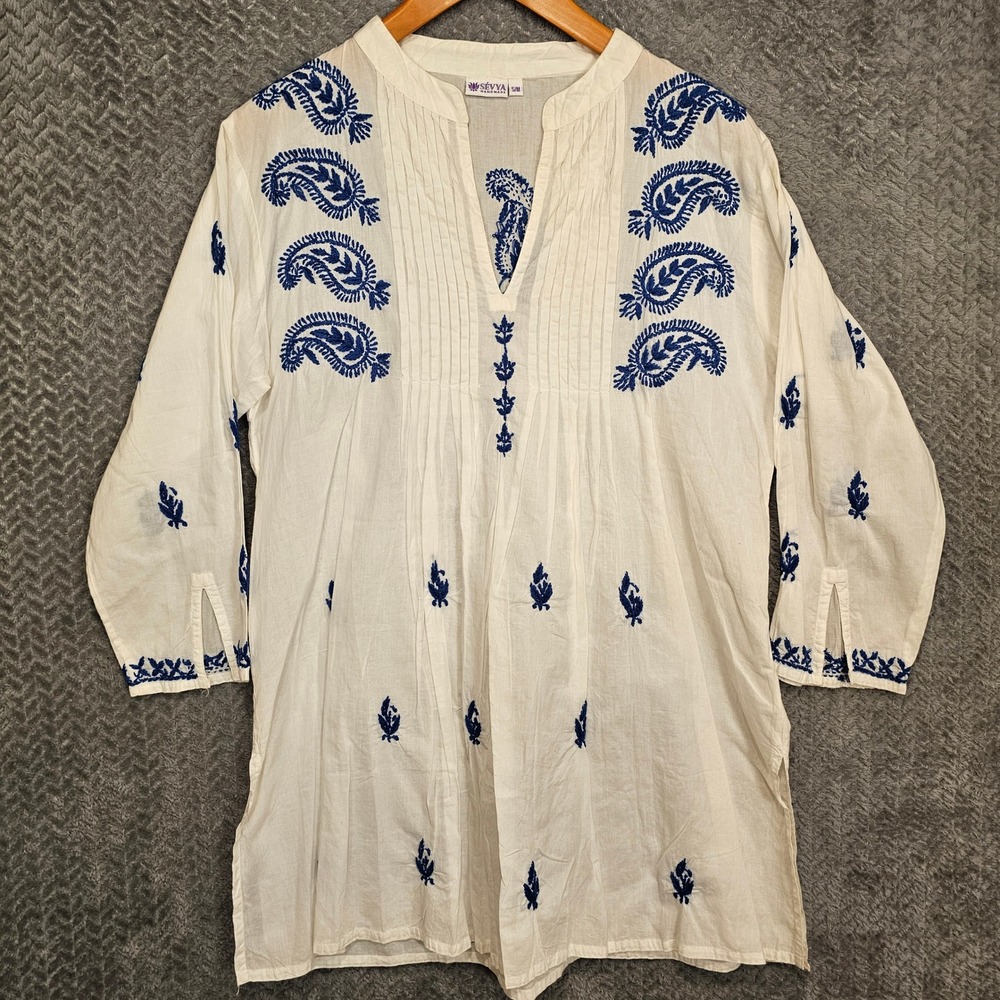 Sevya Handmade White Blue Paisley Embroidered Cotton Tunic Top SM‎ India Boho